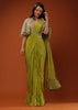 Citrus Green Ready Pleated Crepe Saree with Net Cape and V-Neck Crop Top with Hemline Cut Out