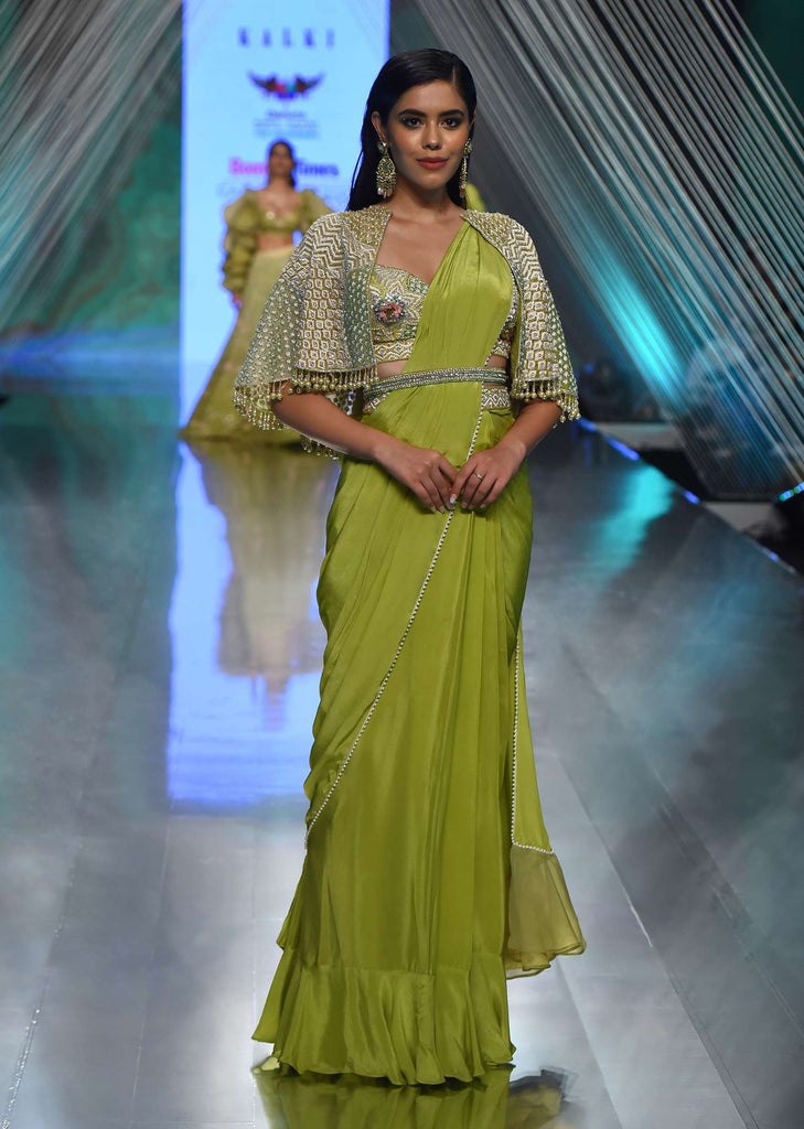 Citrus Green Ready Pleated Saree with Net Cape and V-Neck Crop Top with Hemline Cut Out