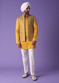 Citrus Yellow Embroidered Bandi Jacket Set In Silk