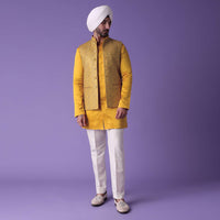 Citrus Yellow Embroidered Bandi Jacket Set In Silk