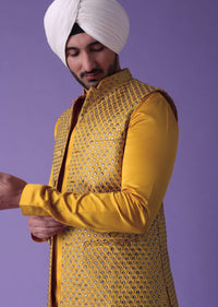 Citrus Yellow Embroidered Bandi Jacket Set In Silk