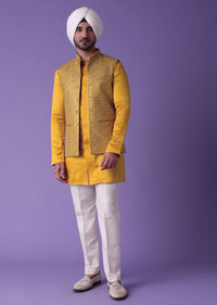 Citrus Yellow Embroidered Bandi Jacket Set In Silk