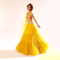 Citrus Yellow Lehenga Choli With Fancy Front Cut Out Detailing And Colorful Resham Embroidered Floral Design Online - Kalki Fashion
