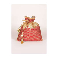 Claret Red And Gold Potli Bag In Brocade With Weaved Buttis Online - Kalki Fashion