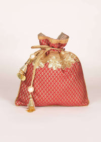 Claret Red And Gold Potli Bag In Brocade With Weaved Buttis Online - Kalki Fashion