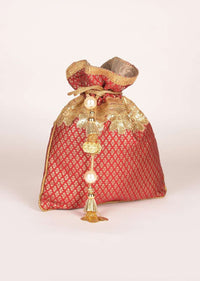 Claret Red And Gold Potli Bag In Brocade With Weaved Buttis Online - Kalki Fashion
