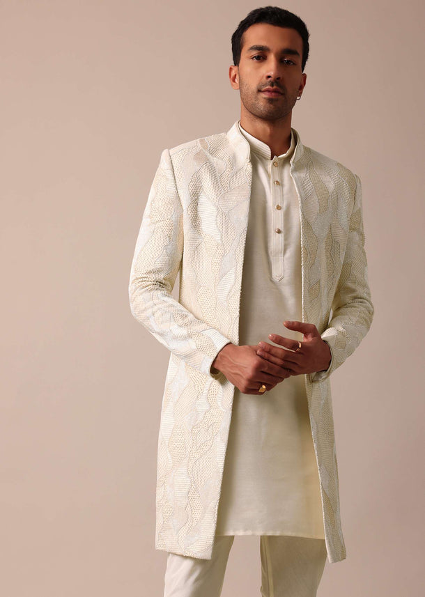 Classic Beige Banarasi Silk Sherwani Set