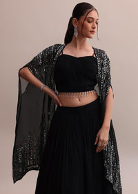 Classic Black Georgette Lehenga Choli Set With Embroidered Jacket