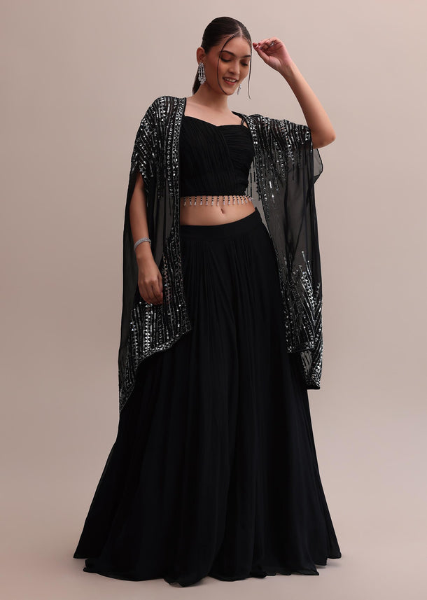 Classic Black Georgette Lehenga Choli Set With Embroidered Jacket