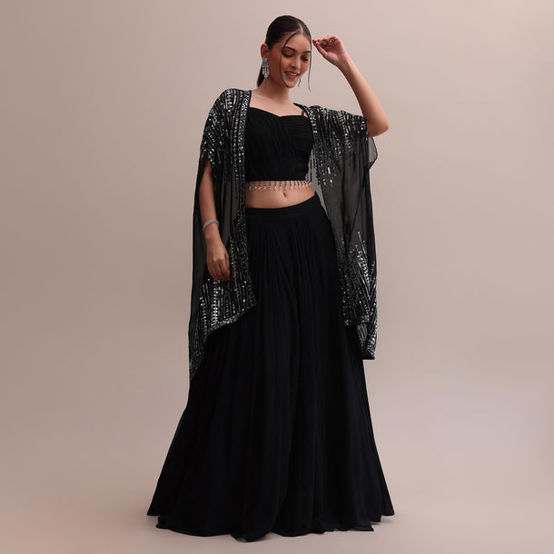 Classic Black Georgette Lehenga Choli Set With Embroidered Jacket