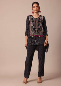 Classic Black Silk Printed Embroidery Kurta Pant Set