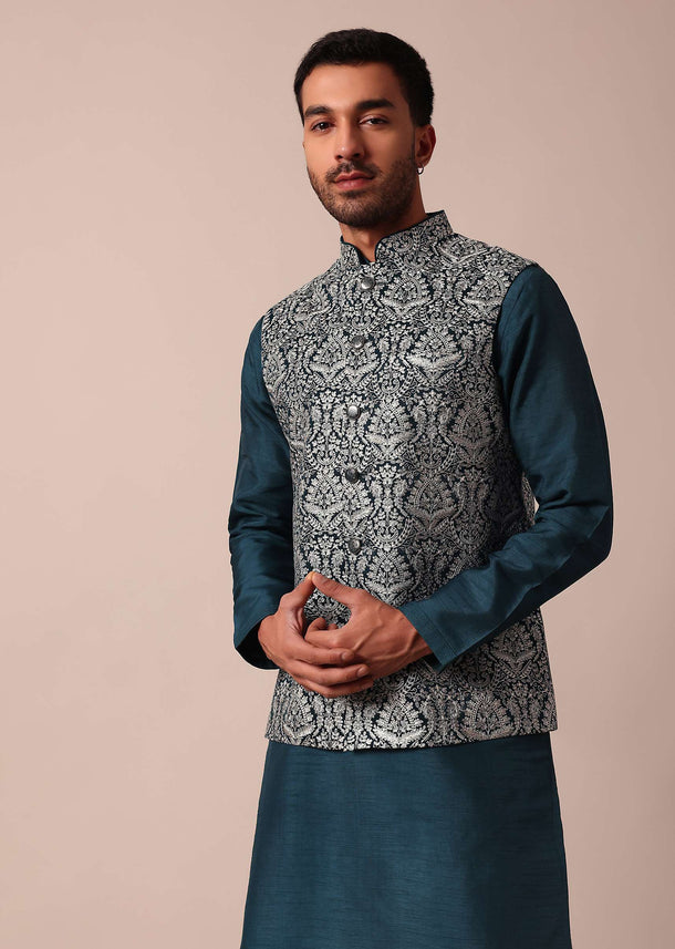 Classic Blue Jacket Kurta Set For Men