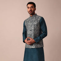 Classic Blue Jacket Kurta Set For Men