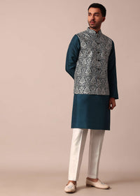 Classic Blue Jacket Kurta Set For Men