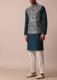 Classic Blue Jacket Kurta Set For Men