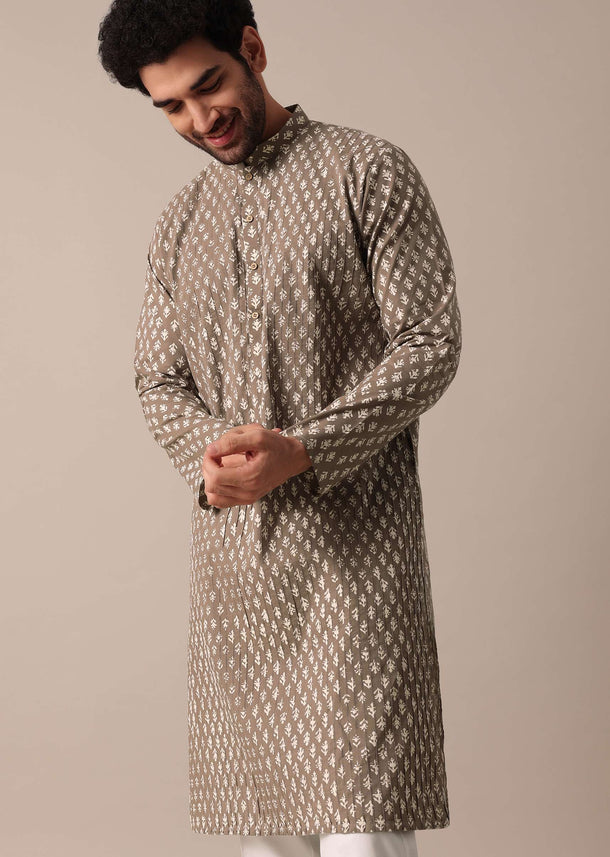 Classic Brown Cotton Jaipur Print Men Kurta Set