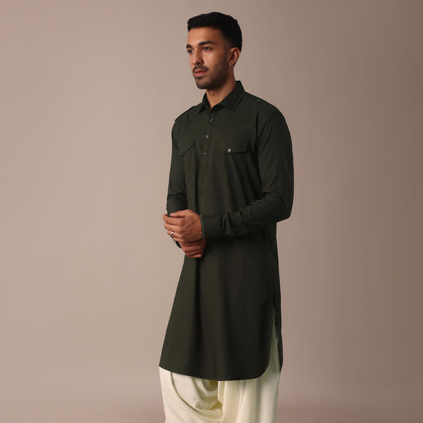 Classic Green Pathani Kurta Set For Eid