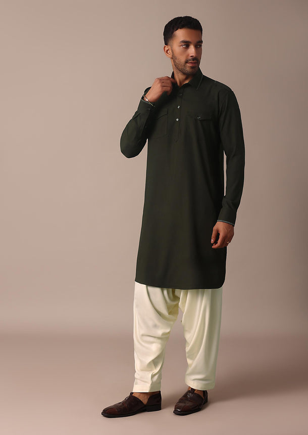 Classic Green Pathani Kurta Set For Eid