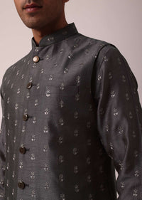 Classic Grey Silk Embroidered Jacket Kurta Set