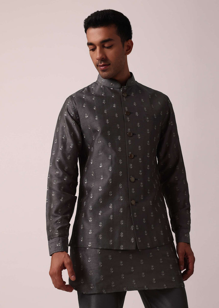 Classic Grey Silk Embroidered Jacket Kurta Set