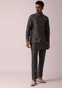 Classic Grey Silk Embroidered Jacket Kurta Set