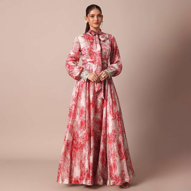 Classic Red Crepe Printed Gown With Embroidered Sleeves