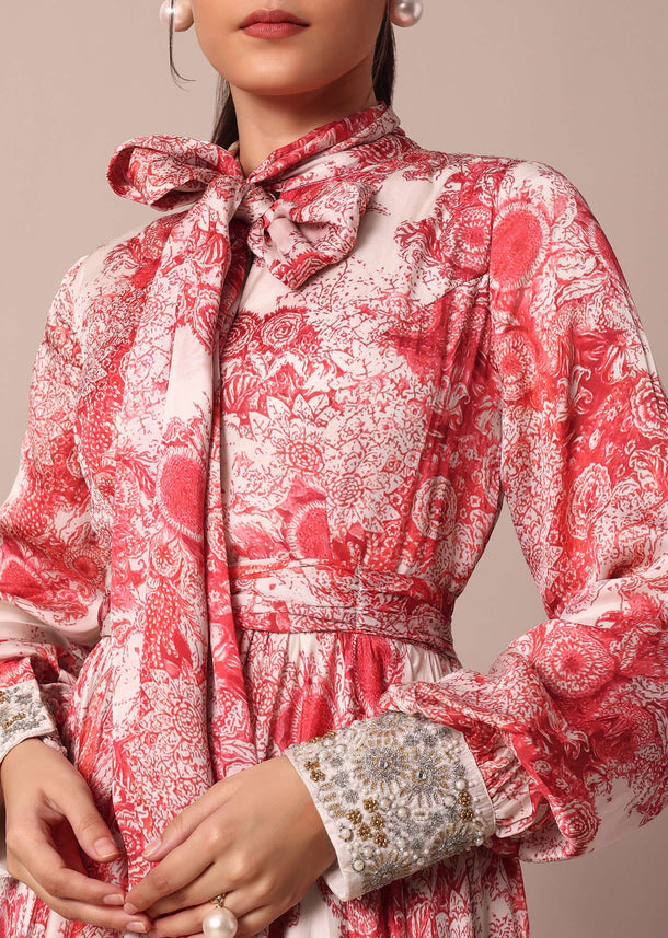 Classic Red Crepe Printed Gown With Embroidered Sleeves