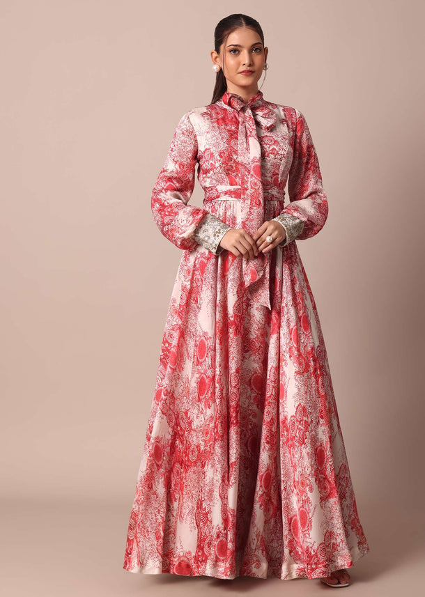 Classic Red Crepe Printed Gown With Embroidered Sleeves