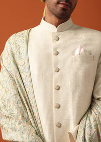 Classic White Neckline Embroidered Sherwani With Pashmina Dupatta