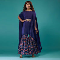 Indigo Blue Printed Sharara Suit Se With Kaftan Top In Satin