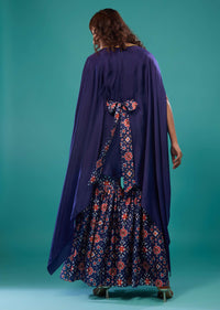 Indigo Blue Printed Sharara Suit Se With Kaftan Top In Satin