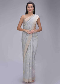 Cloud Grey Saree In Cotton Silk With Matching Blouse Piece Online - Kalki Fashion