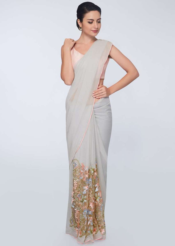 Cloud grey half and half saree featuring in net and georgette