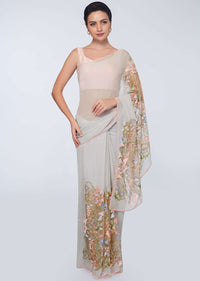 Cloud grey half and half saree featuring in net and georgette only on Kalki