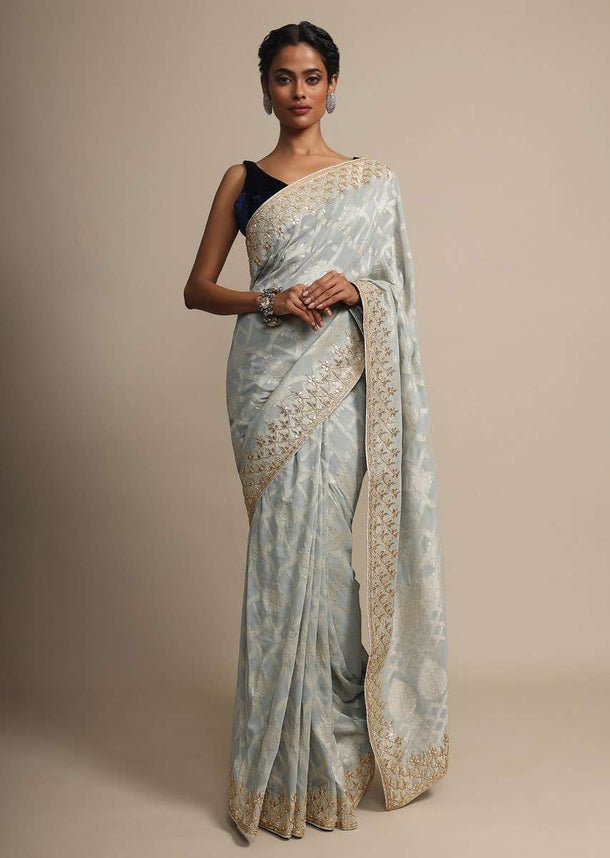 Cloud Grey khaddi Saree With Weaved Embroidery And Gotta EmbellishedBorder Online - Kalki Fashion