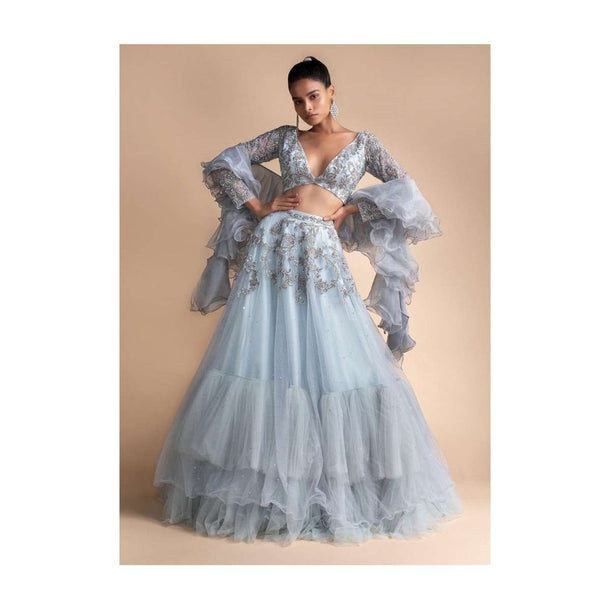 Powder Blue Lehenga Set With Embroidered Net Fabric Online - Kalki Fashion