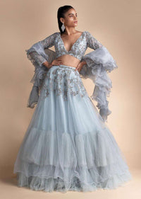 Powder Blue Lehenga Set With Embroidered Net Fabric Online - Kalki Fashion