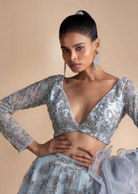 Powder Blue Lehenga Set With Embroidered Net Fabric Online - Kalki Fashion