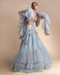 Powder Blue Lehenga Set With Embroidered Net Fabric Online - Kalki Fashion