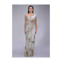 Cloud Grey Organza Saree With Floral Print And Embellished Border Online - Kalki Fashion