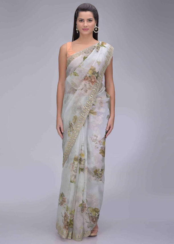 Cloud Grey Organza Saree With Floral Print And Embellished Border Online - Kalki Fashion