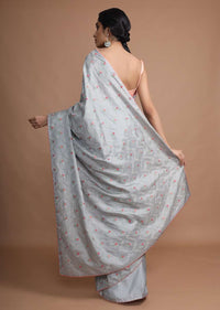 Cloud Grey Saree In Dola Silk With Colorful Thread Embroidered Floral Buttis And Zari Mesh Online - Kalki Fashion
