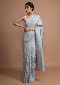 Cloud Grey Saree In Dola Silk With Colorful Thread Embroidered Floral Buttis And Zari Mesh Online - Kalki Fashion