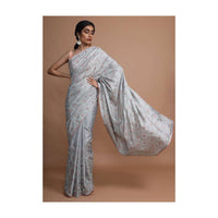 Cloud Grey Saree In Dola Silk With Colorful Thread Embroidered Floral Buttis And Zari Mesh Online - Kalki Fashion
