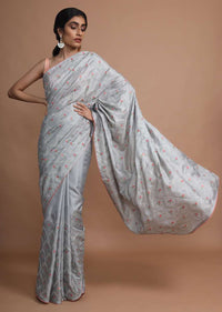 Cloud Grey Saree In Dola Silk With Colorful Thread Embroidered Floral Buttis And Zari Mesh Online - Kalki Fashion