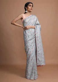 Cloud Grey Saree In Dola Silk With Colorful Thread Embroidered Floral Buttis And Zari Mesh Online - Kalki Fashion
