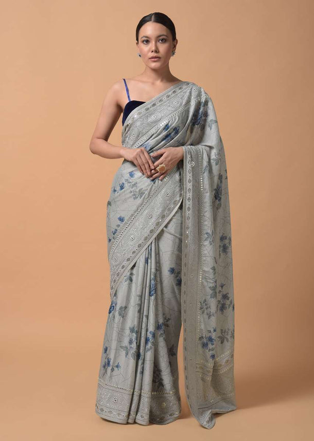 Cloud Grey Saree In Georgette Blend With Floral Print And Embroidered Border Online - Kalki Fashion