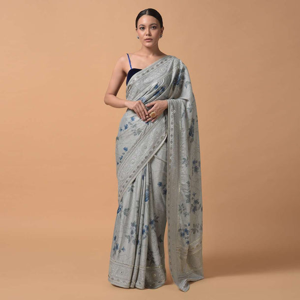 Cloud Grey Saree In Georgette Blend With Floral Print And Embroidered Border Online - Kalki Fashion