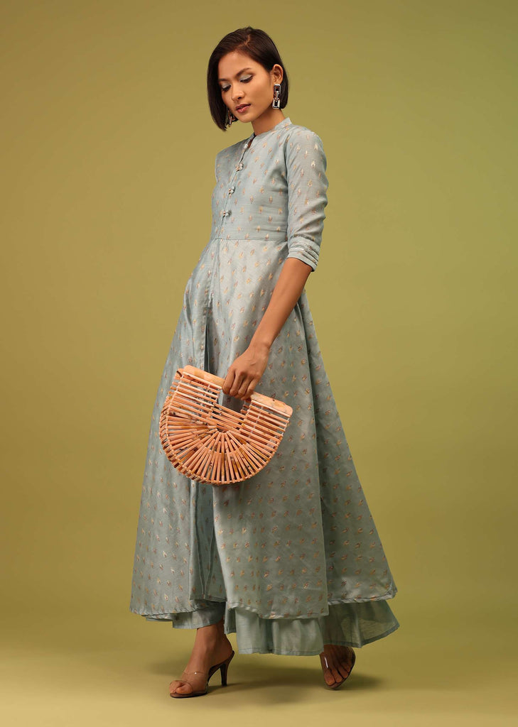 Powder Blue Festive A-Line Kurta In Chanderi Silk With Foil Print Embellishment Online - RE By Kalki