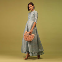 Powder Blue Festive A-Line Kurta In Chanderi Silk With Foil Print Embellishment Online - RE By Kalki